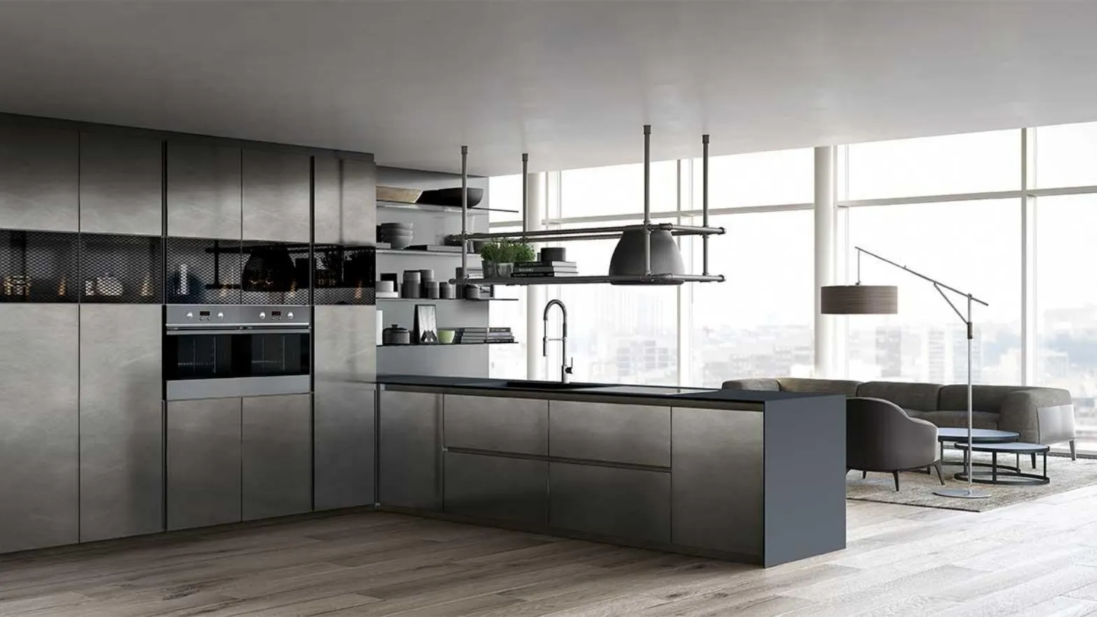 Cucina Moderna angolare in laccato acciaio titanio con top in Fenix grigio Vivere Italia 04 di Spagnol Cucine