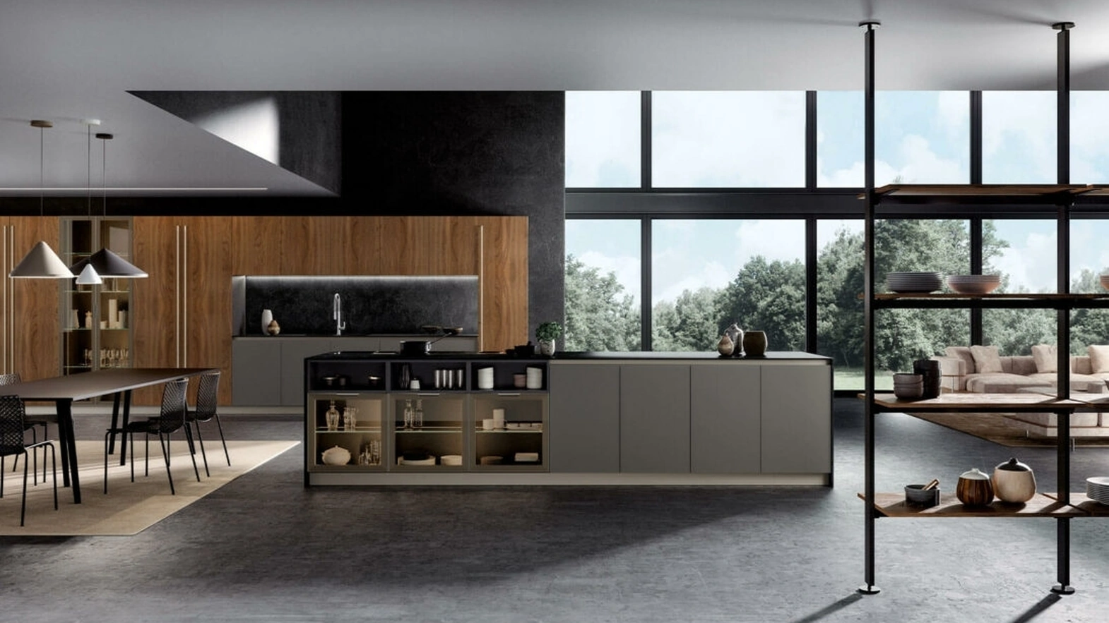 Cucina Moderna Viverecon isola Italia 09 in PET grigio polvere e noce canaletto di Spagnol Cucine