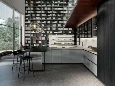 Cucina Moderna con penisola Vivere Italia 05 finitura impiallacciato rovere grigio e laccato lucido di Spagnol Cucine