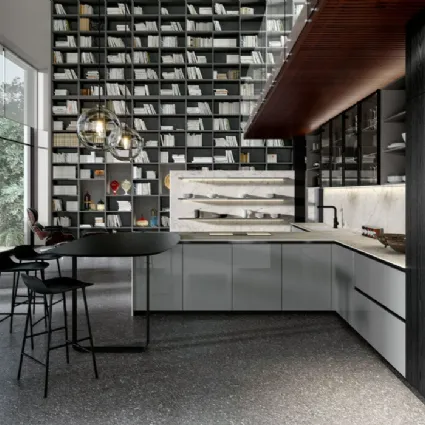 Cucina Moderna con penisola Vivere Italia 05 finitura impiallacciato rovere grigio e laccato lucido di Spagnol Cucine