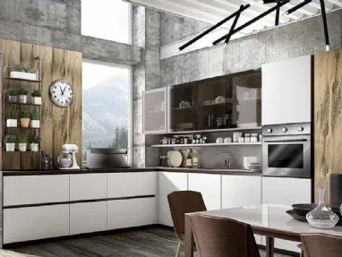 Cucina Moderna angolare in laccato bianco opaco, briccole e vetro con top in pietra composita Vivere Italia 08 di Spagnol Cucine
