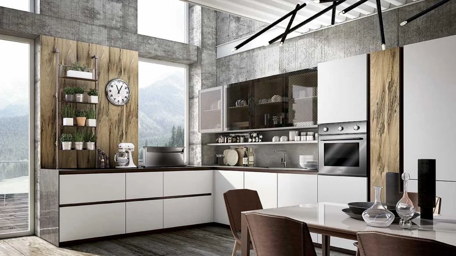 Cucina Moderna angolare in laccato bianco opaco, briccole e vetro con top in pietra composita Vivere Italia 08 di Spagnol Cucine
