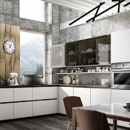 Cucina Moderna angolare in laccato bianco opaco, briccole e vetro con top in pietra composita Vivere Italia 08 di Spagnol Cucine