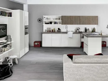 Cucina Moderna angolare con penisola in laccato lucido bianco e rovere nodato tinto gessato antracite, con top in laminato Vivere Italia 10 di Spagnol Cucine