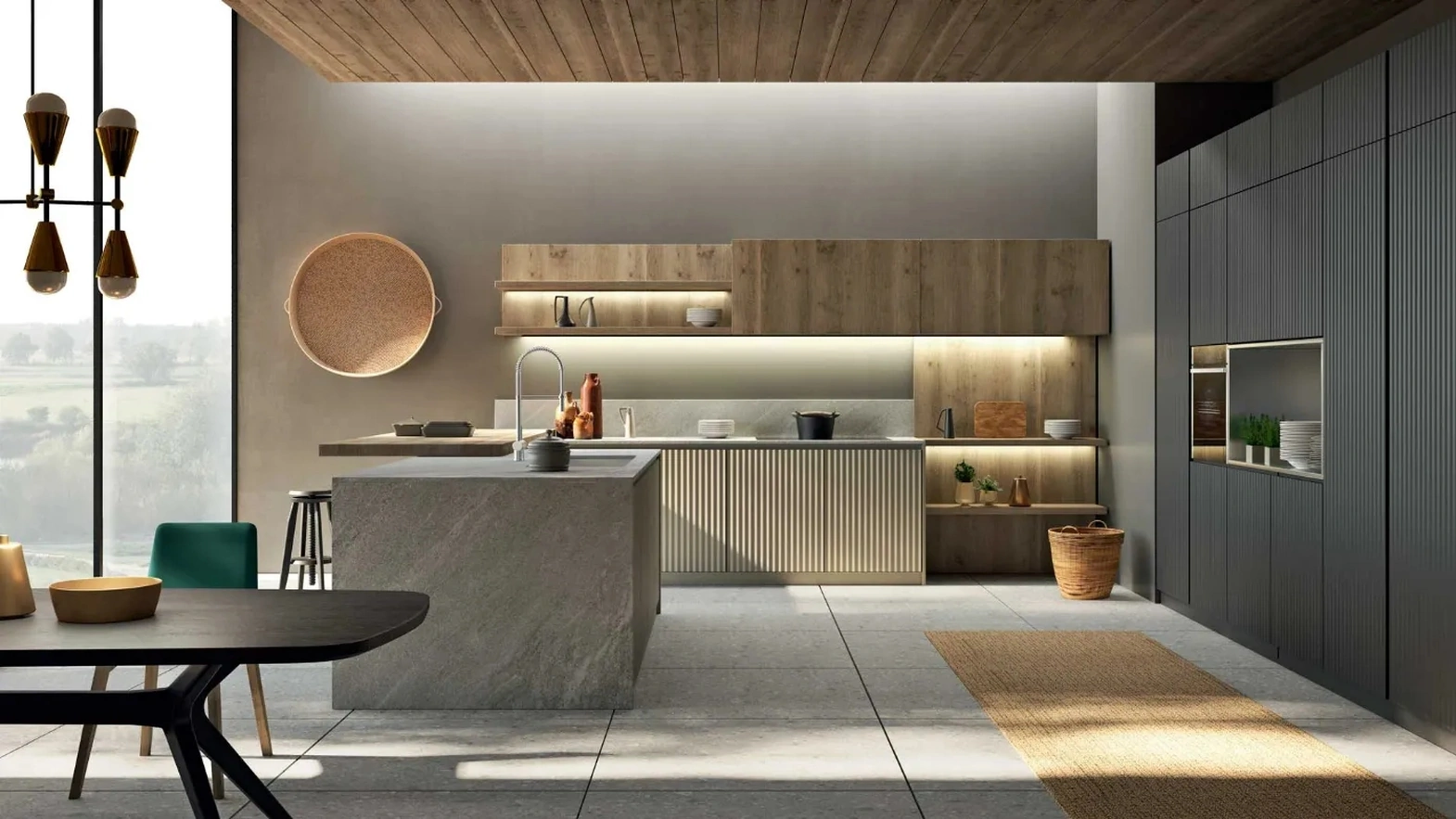Cucina Moderna con isola Wave 01 in laccato e legno di Fratelli Mirandola