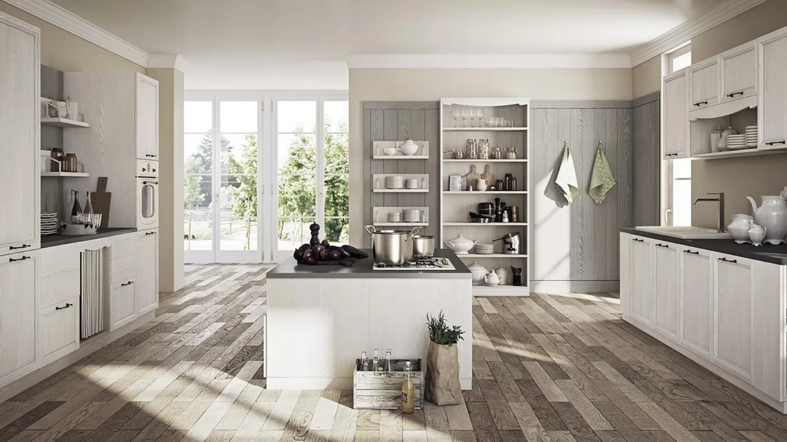 Cucina Shabby Chic con isola in laccato talcato Canapa con top in laminato Lucy 14 di Spagnol Cucine