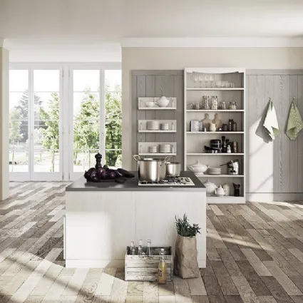 Cucina Shabby Chic con isola in laccato talcato Canapa con top in laminato Lucy 14 di Spagnol Cucine