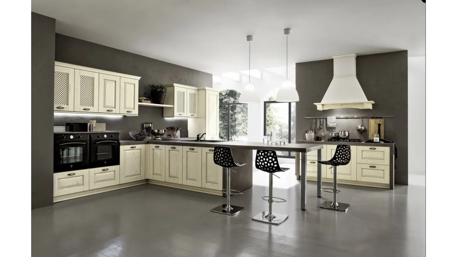 Cucina Shabby Chic angolare con penisola Nora in legno laccato Decapé Bianco Antico di Arrex