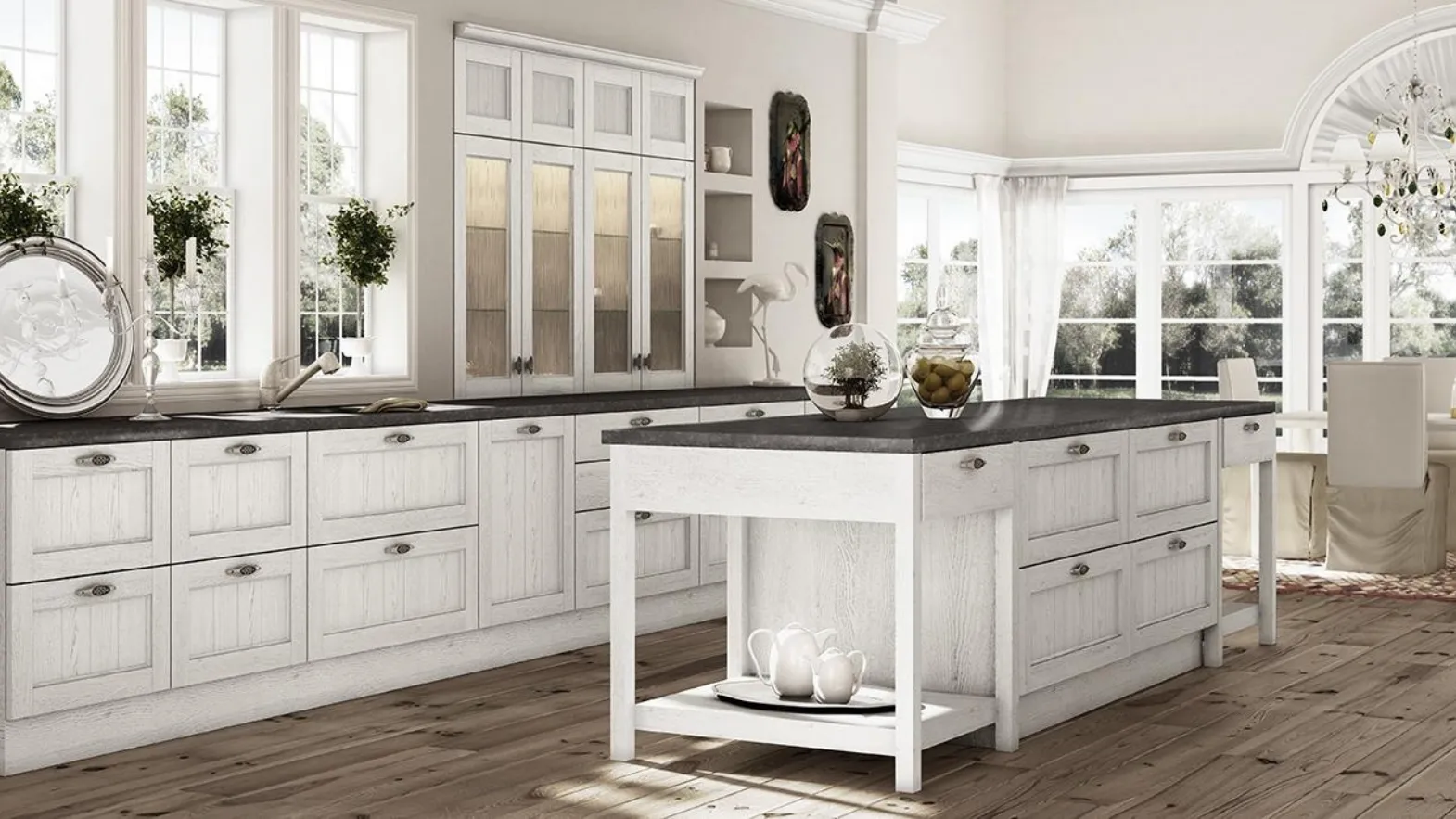 Cucina Shabby Chic lineare Riva 68 16 in décapé Canapa e pensili in vetro di Spagnol Cucine