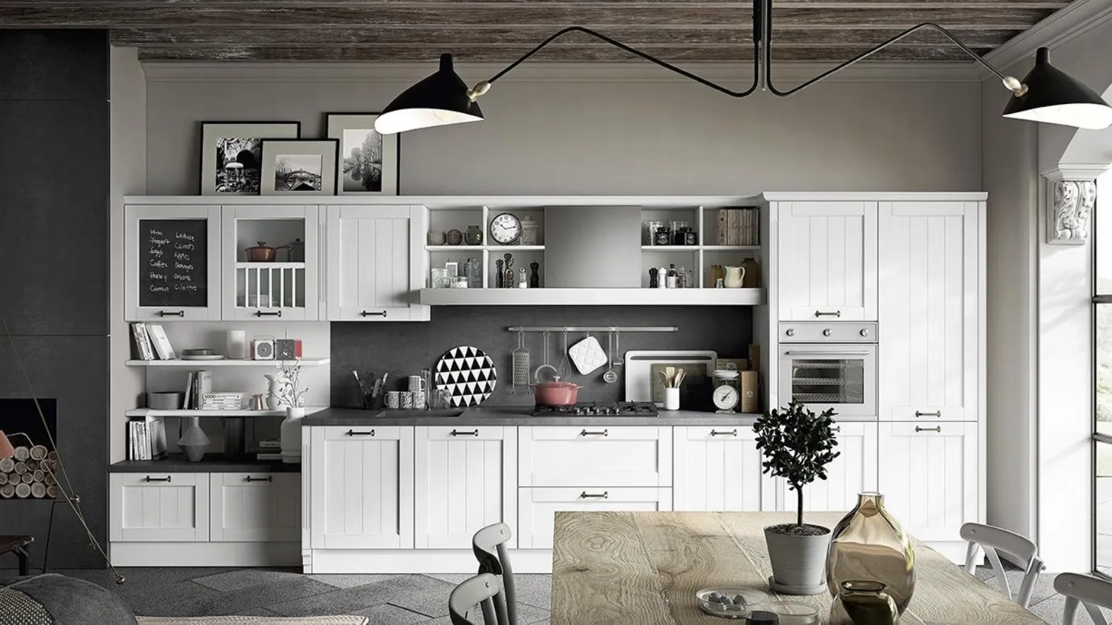 Cucina Shabby Chic lineare con anta dogata laccato bianco neve e top in pietra composita Tabià 6 di Spagnol Cucine