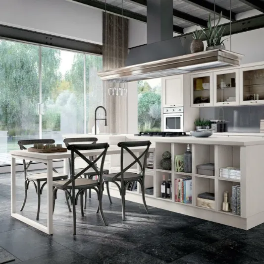 Cucina angolare Shabby Chic in laccato opaco e frassino naturale con top in laminato HPL Travertino Tabià 5 di Spagnol Cucine