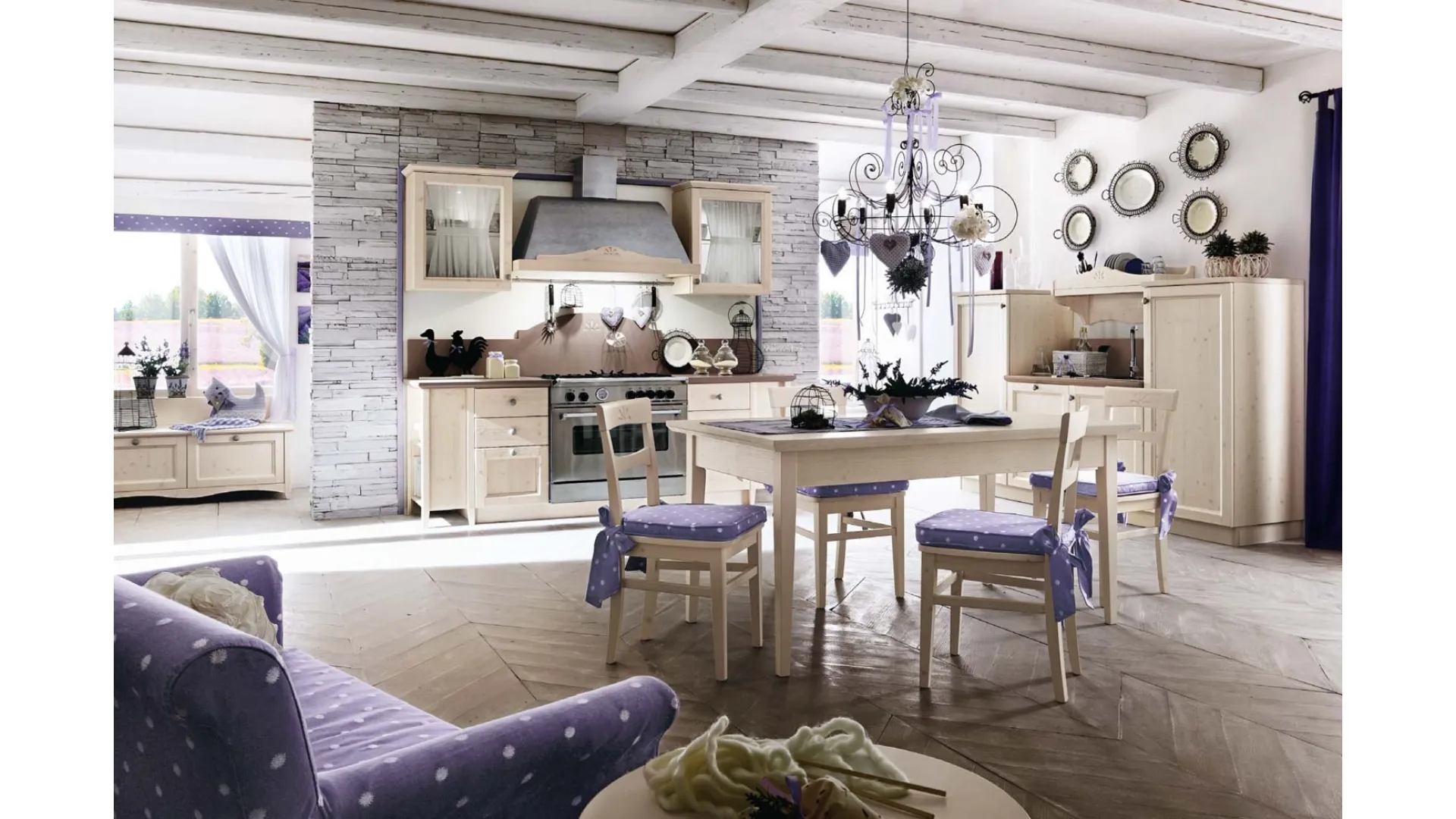 Cucina Shabby Chic angolare con isola centrale Nora 02 in legno Decapé Gesso ed Ecru di Arrex