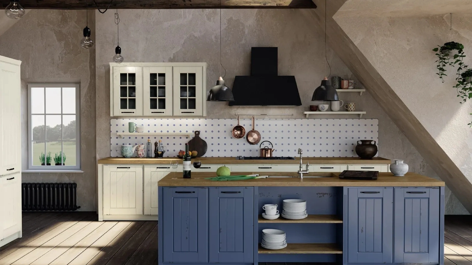 Cucina su misura con isola Fiordo 02 in legno laccato di Fratelli Mirandola