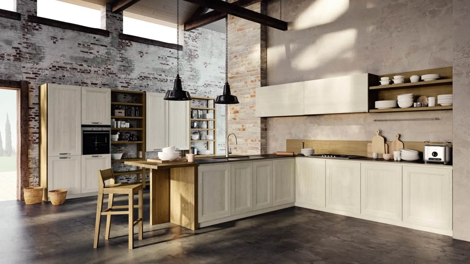 Cucina ad angolo in legno di rovere con penisola Charme Gola di Mirandola